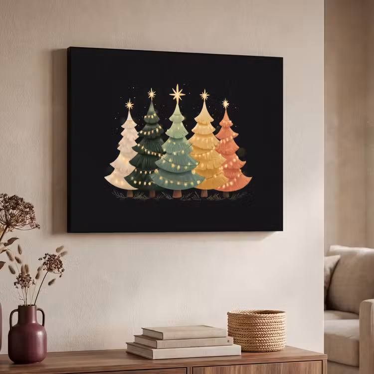Kerstbomen - Kleurrijk - Lichtjes - Ster Textielframe - compleet frame klein -sfeer3