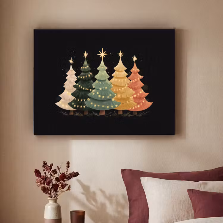 Kerstbomen - Kleurrijk - Lichtjes - Ster Textielframe - compleet frame klein -sfeer1