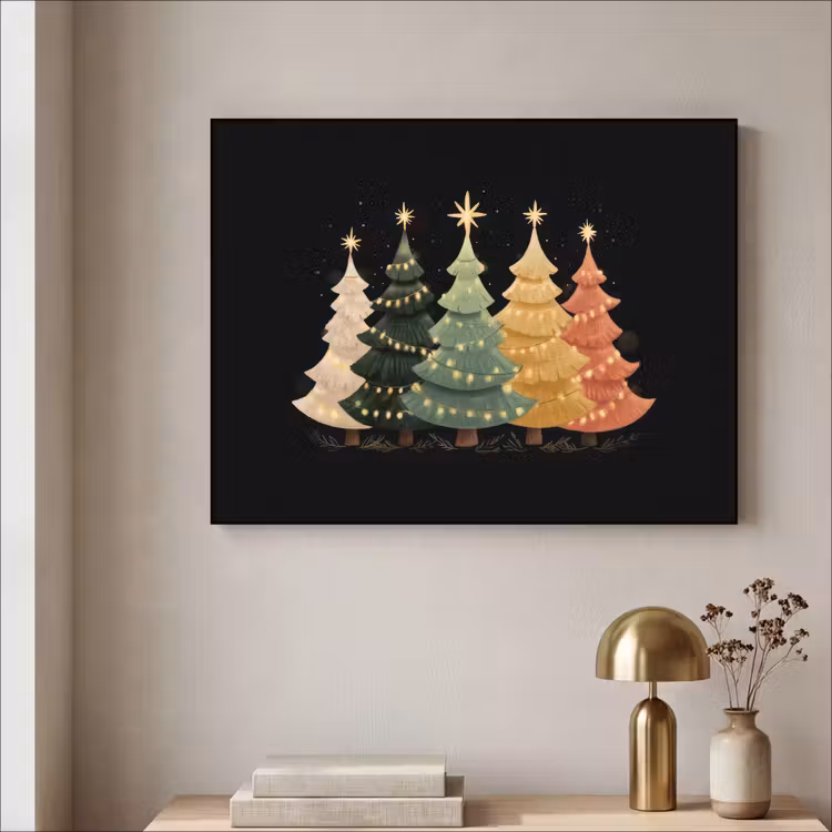 Kerstbomen - Kleurrijk - Lichtjes - Ster Textielframe zwart klein -sfeer2