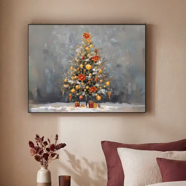 Kerstboom - Cadeaus - Rood - Goud Textielframe zwart klein -sfeer1