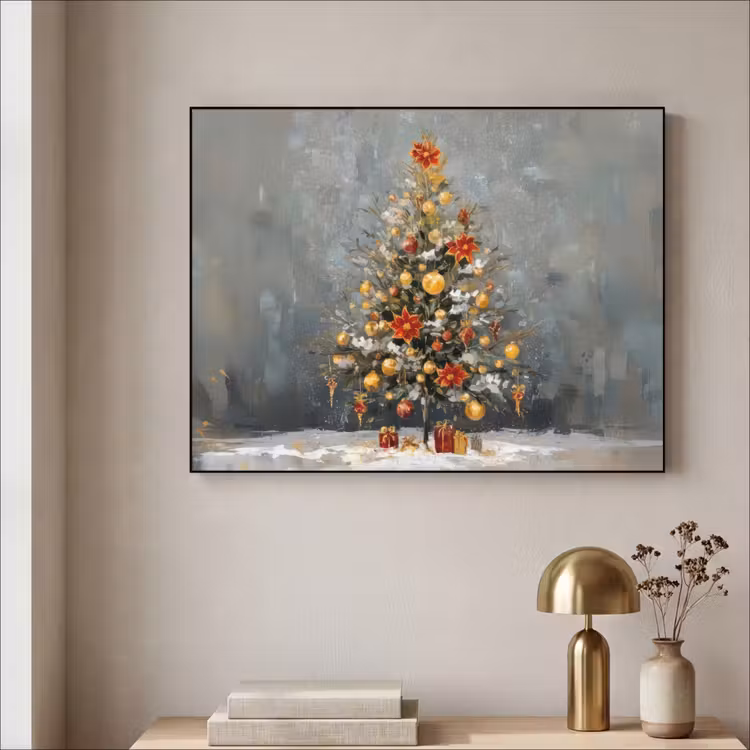 Kerstboom - Cadeaus - Rood - Goud Textielframe zwart klein -sfeer2