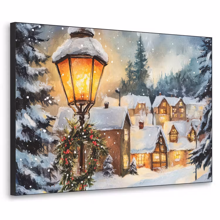 Kerstdorp - Huizen - Sneeuw - Kerst Textielframe zwart klein -3d