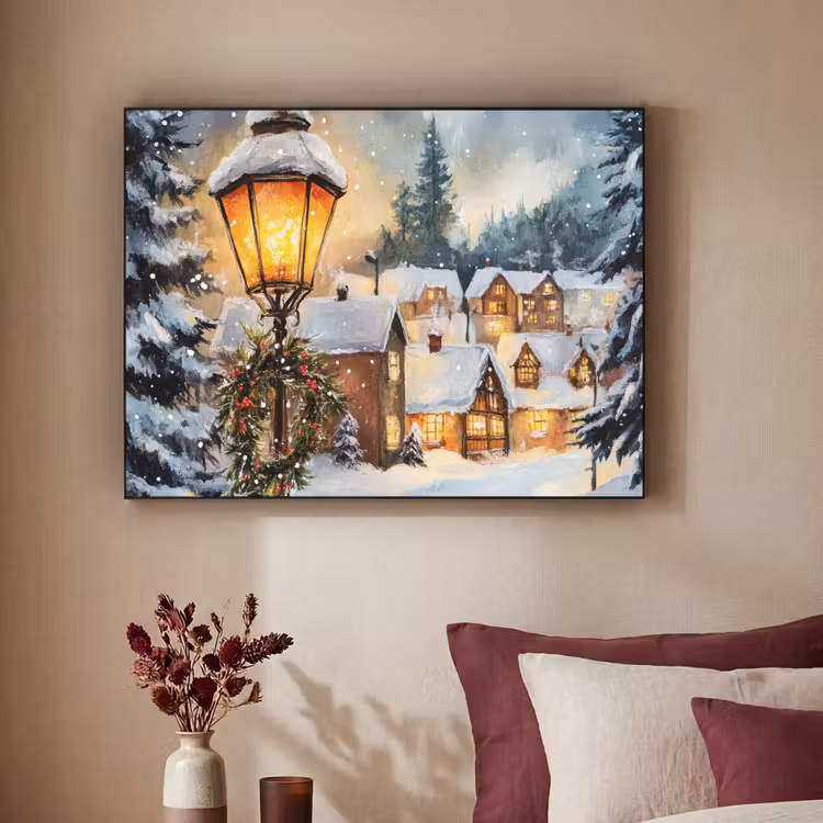 Kerstdorp - Huizen - Sneeuw - Kerst Textielframe zwart klein -sfeer1