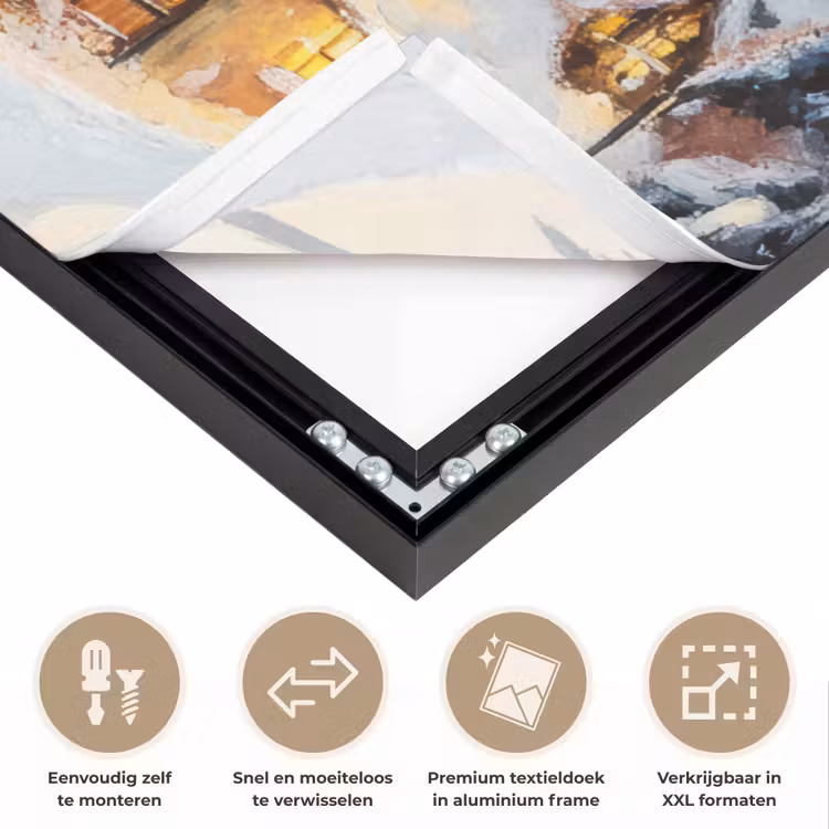 Kerstdorp - Huizen - Sneeuw - Kerst Textielframe zwart klein -USP_closeupNL