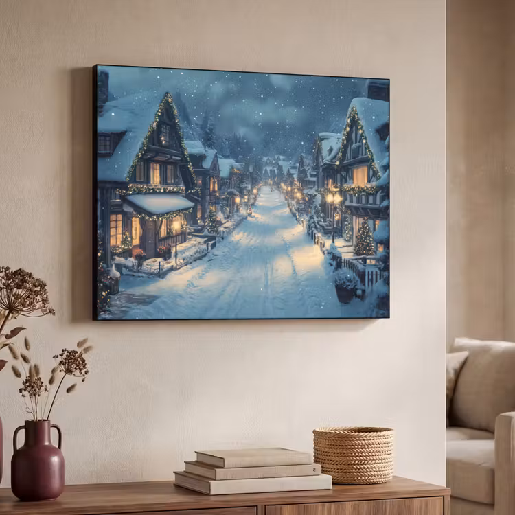 Kerstdorp - Kerst - Sneeuw - Winter Textielframe zwart klein -sfeer3