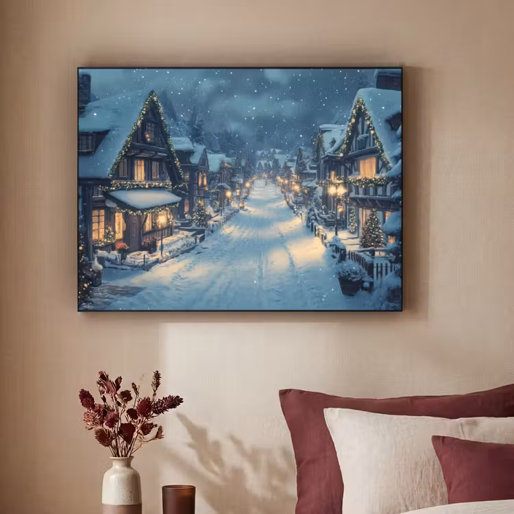 Kerstdorp - Kerst - Sneeuw - Winter Textielframe zwart klein -sfeer1