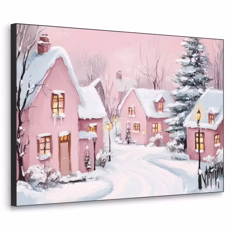 Kerstdorp - Roze - Winter - Sneeuw - Huizen Textielframe - compleet frame klein -3d