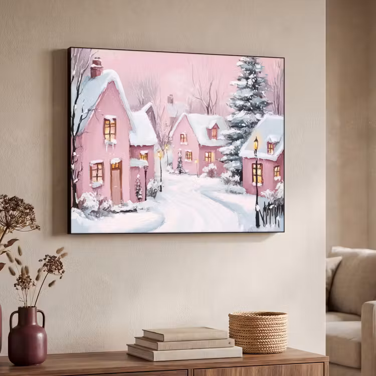 Kerstdorp - Roze - Winter - Sneeuw - Huizen Textielframe zwart klein -sfeer3