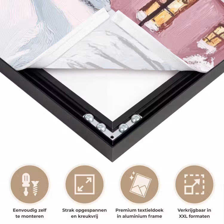 Kerstdorp - Roze - Winter - Sneeuw - Huizen Textielframe zwart klein -USP_feed_closeupNL