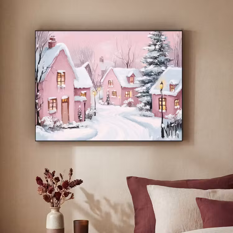 Kerstdorp - Roze - Winter - Sneeuw - Huizen Textielframe zwart klein -sfeer1