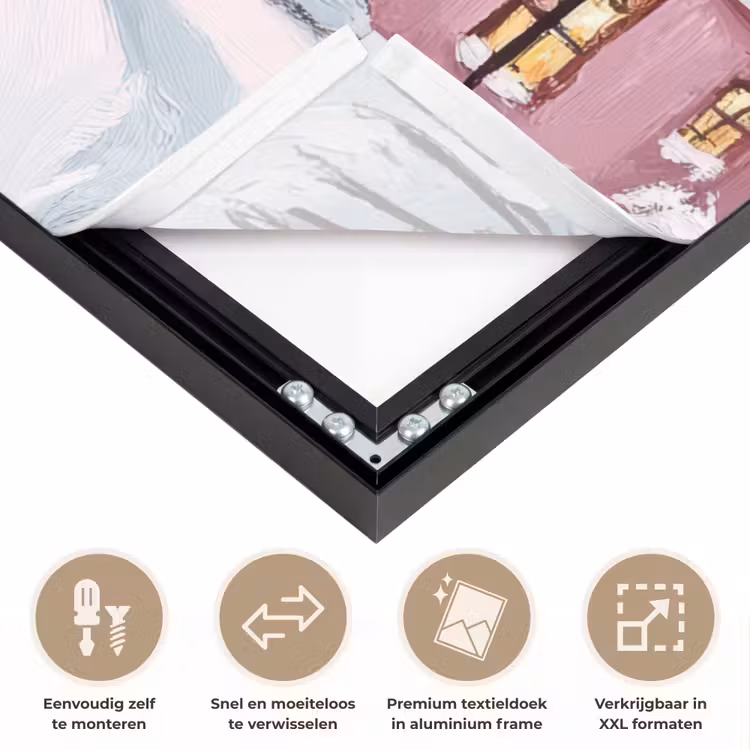 Kerstdorp - Roze - Winter - Sneeuw - Huizen Textielframe zwart klein -USP_closeupNL