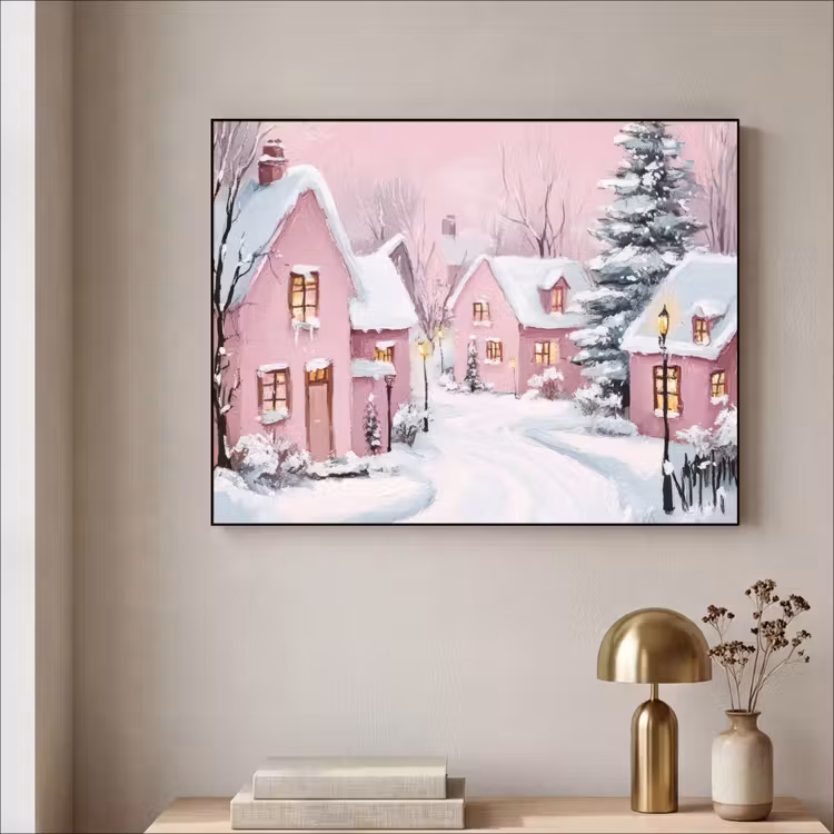 Kerstdorp - Roze - Winter - Sneeuw - Huizen Textielframe - compleet frame klein -sfeer2