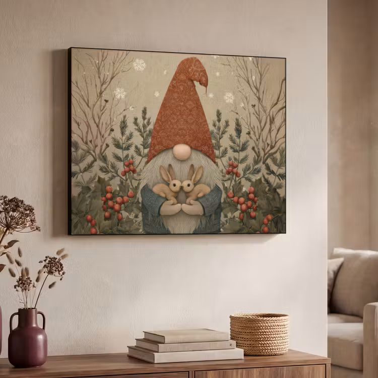 Kerstgnome - Konijntjes - Kleurrijk Textielframe zwart klein -sfeer3