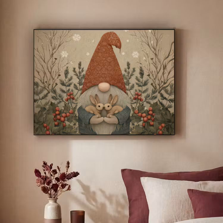 Kerstgnome - Konijntjes - Kleurrijk Textielframe - compleet frame klein -sfeer1