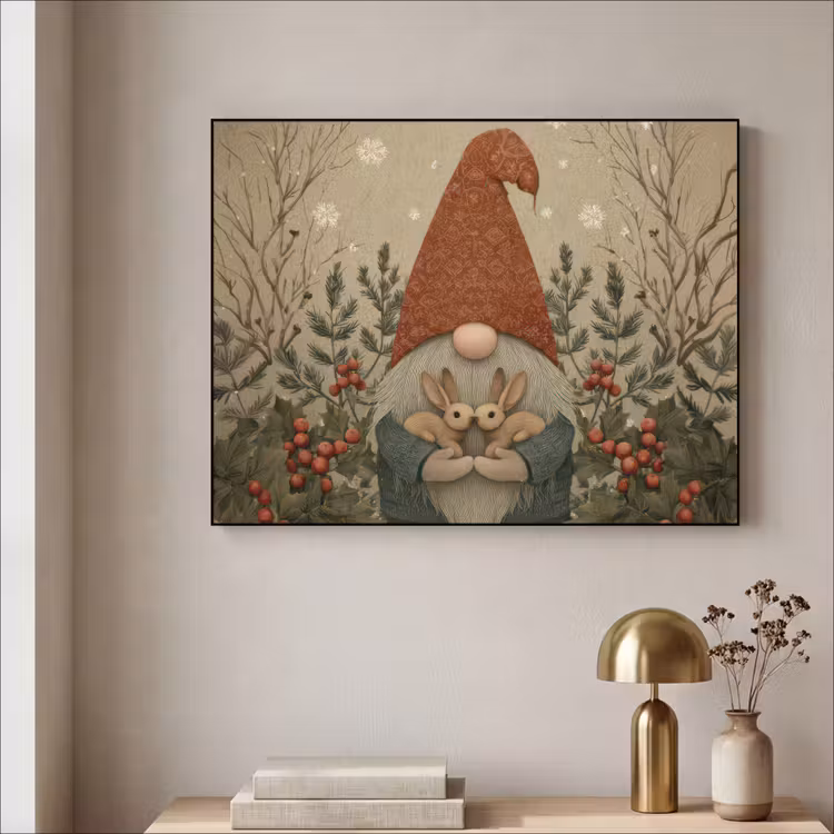 Kerstgnome - Konijntjes - Kleurrijk Textielframe - compleet frame klein -sfeer2