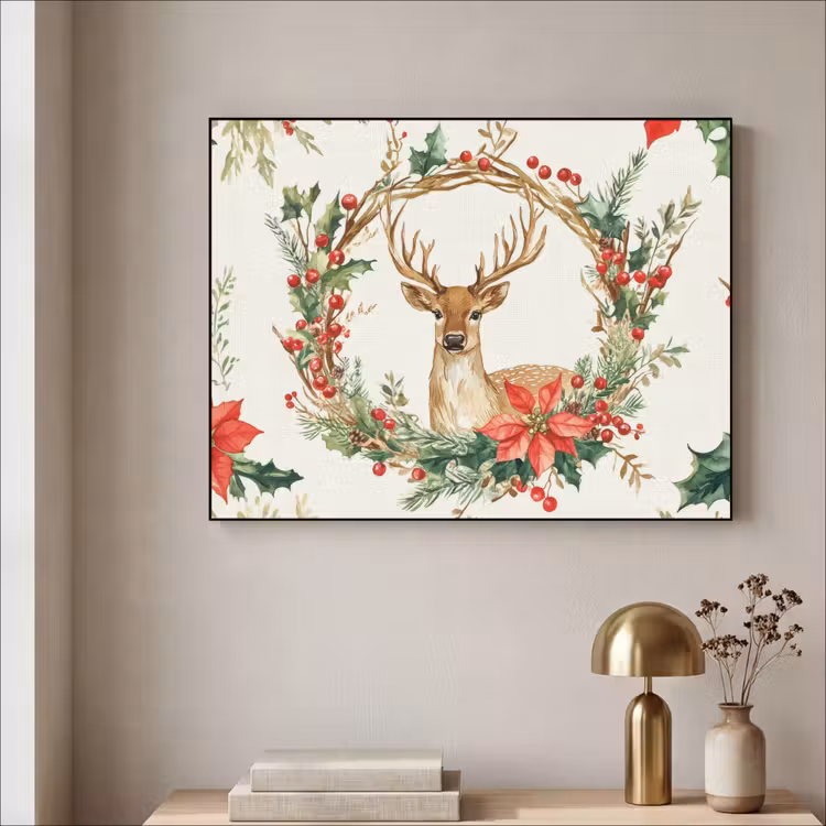 Kerstkrans - Hert - Hulst - Rood Textielframe - compleet frame klein -sfeer2