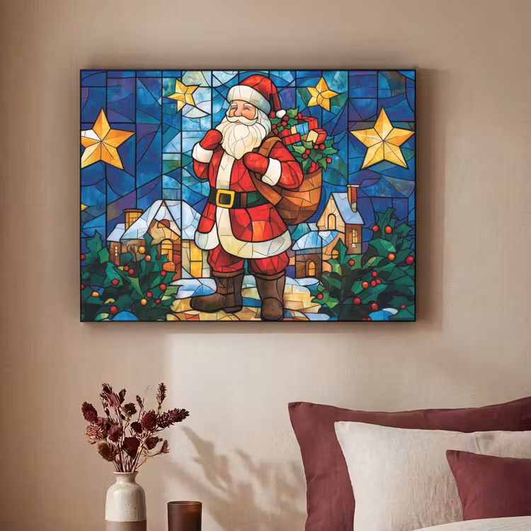 Kerstman - Glas - Kleurrijk Textielframe zwart klein -sfeer1