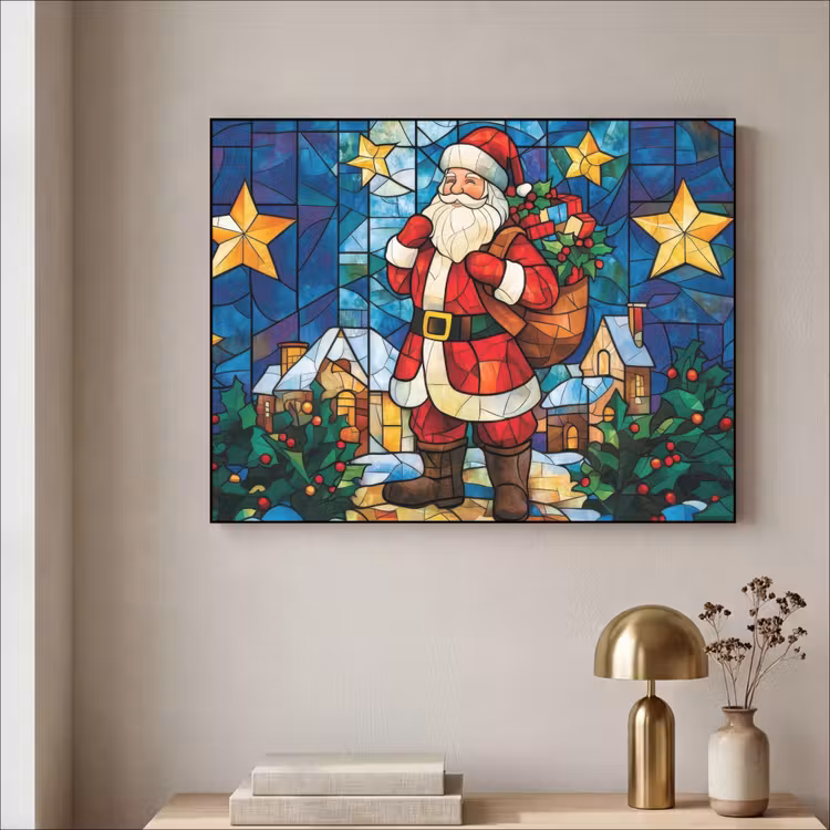 Kerstman - Glas - Kleurrijk Textielframe zwart klein -sfeer2