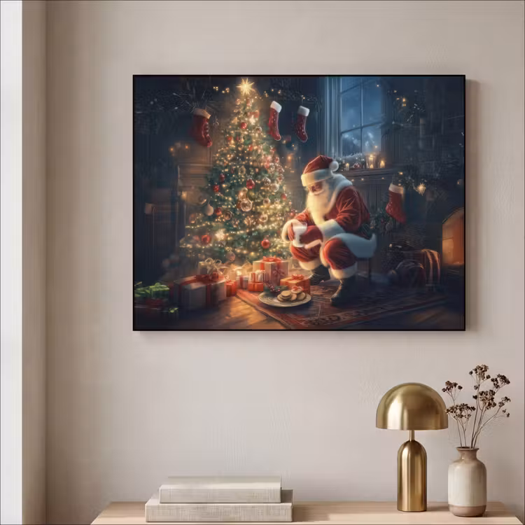 Kerstman - Haard - Donker Textielframe zwart klein -sfeer2