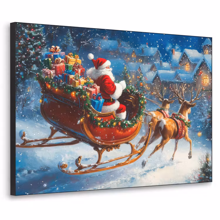 Kerstman - Rendier - Kerst - Sneeuw Textielframe zwart klein -3d