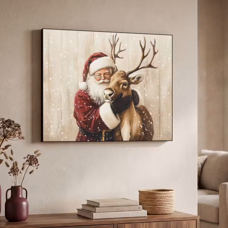 Kerstman - Rendier - Sneeuw - Kleurrijk Textielframe zwart klein -sfeer3