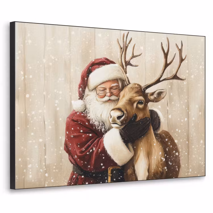 Kerstman - Rendier - Sneeuw - Kleurrijk Textielframe zwart klein -3d