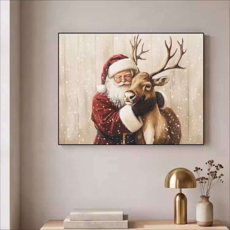 Kerstman - Rendier - Sneeuw - Kleurrijk Textielframe zwart klein -sfeer2
