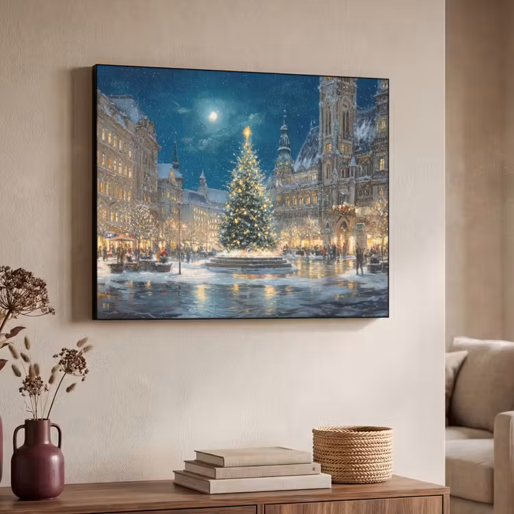 Kerstnacht - Stadsplein - Meerkleurig Textielframe zwart klein -sfeer3