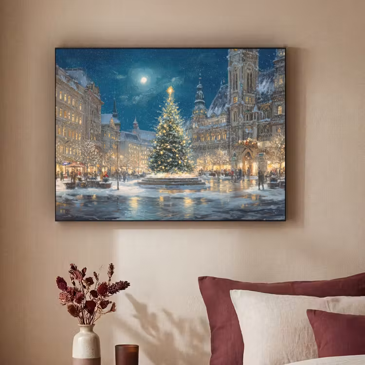 Kerstnacht - Stadsplein - Meerkleurig Textielframe zwart klein -sfeer1