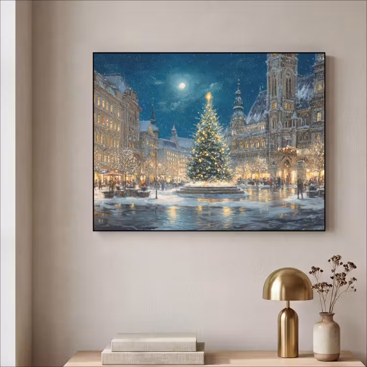 Kerstnacht - Stadsplein - Meerkleurig Textielframe zwart klein -sfeer2