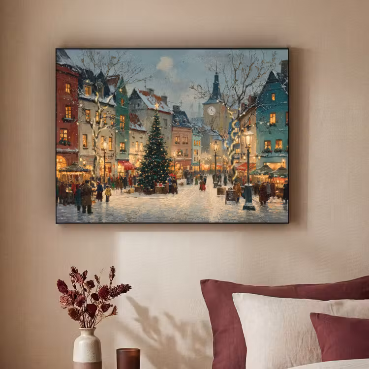 Kerstsfeer - Stadsplein - Kleurrijk Textielframe - compleet frame klein -sfeer1