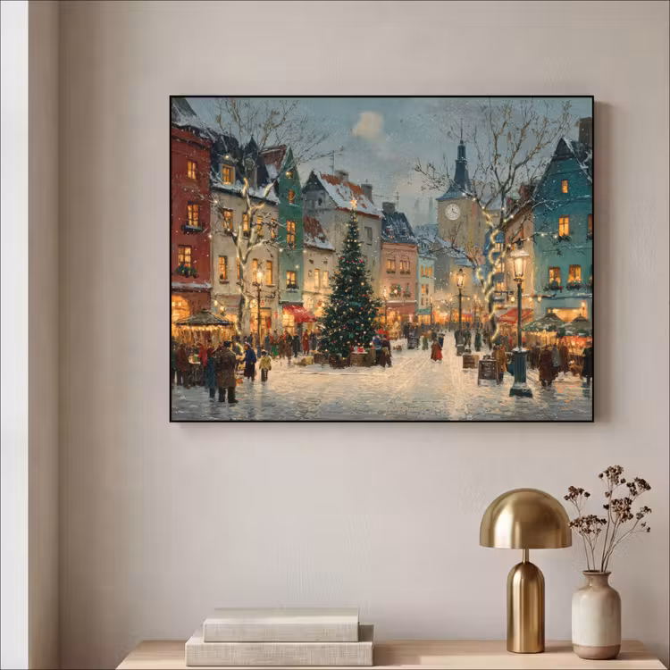Kerstsfeer - Stadsplein - Kleurrijk Textielframe zwart klein -sfeer2