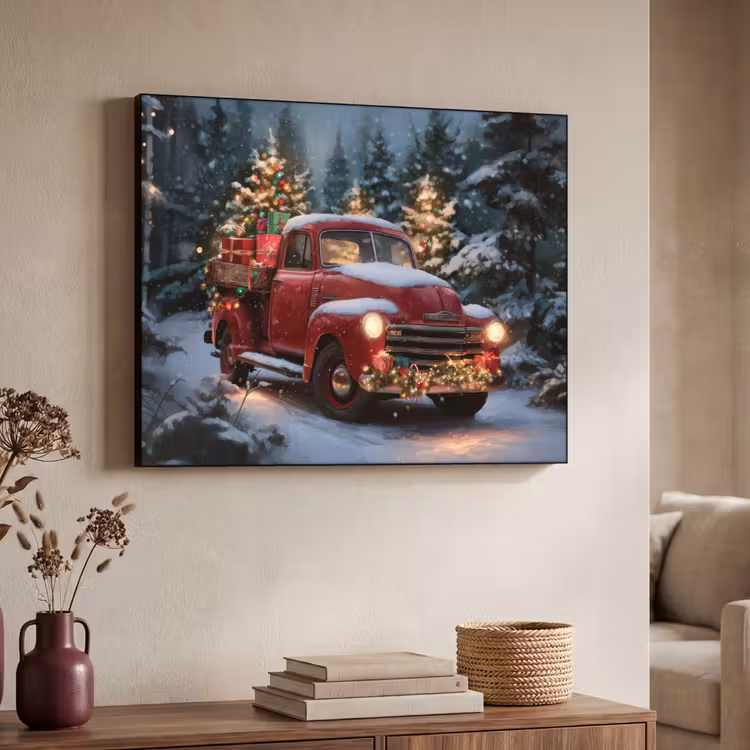 Kersttruck - Sneeuwbos - Rood Textielframe - compleet frame klein -sfeer3