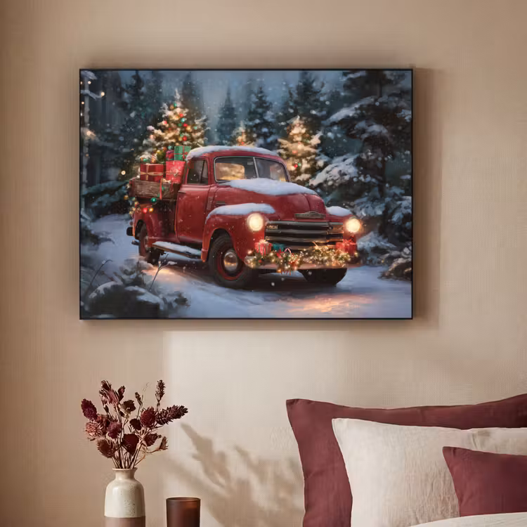 Kersttruck - Sneeuwbos - Rood Textielframe - compleet frame klein -sfeer1