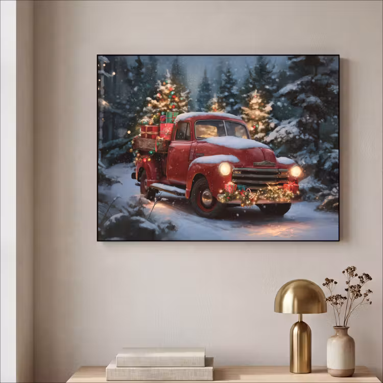 Kersttruck - Sneeuwbos - Rood Textielframe zwart klein -sfeer2