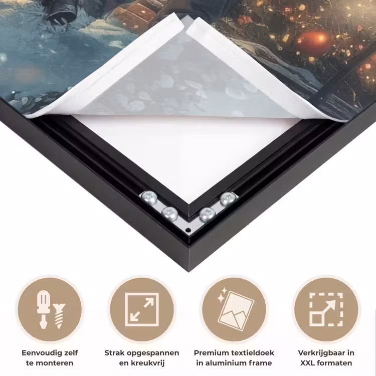 Kerstvreugde - Sneeuw - Kleurrijk Textielframe zwart klein -USP_feed_closeupNL
