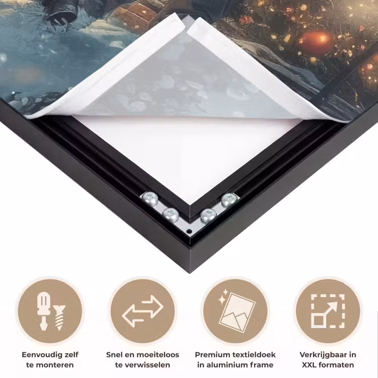 Kerstvreugde - Sneeuw - Kleurrijk Textielframe zwart klein -USP_closeupNL