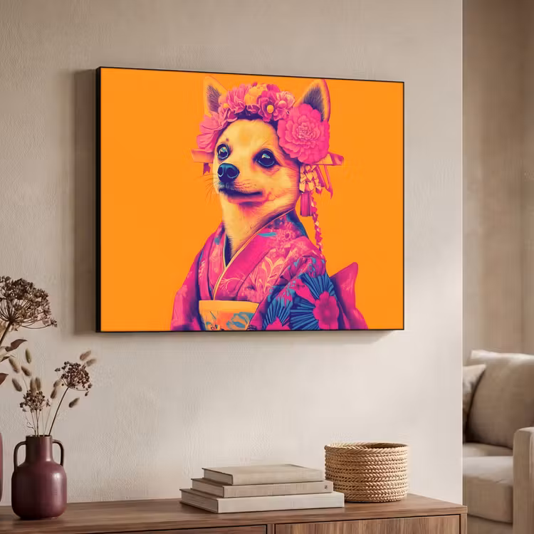 Kimono - Hondje - Bloemenkroon - Oranje Textielframe zwart klein -sfeer3