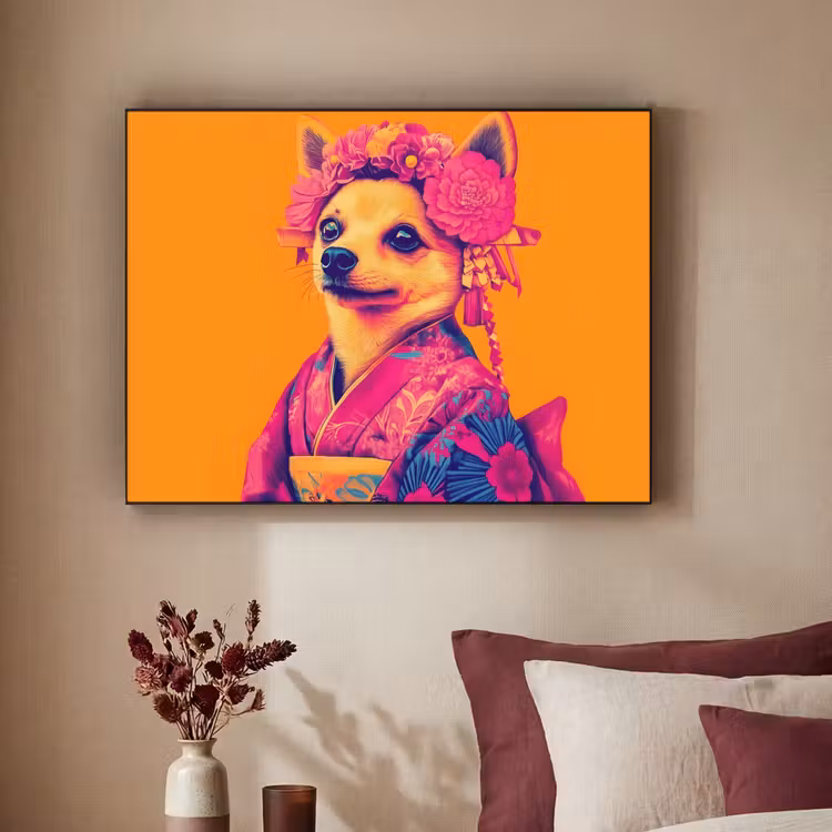 Kimono - Hondje - Bloemenkroon - Oranje Textielframe - compleet frame klein -sfeer1