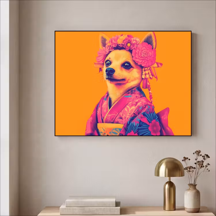 Kimono - Hondje - Bloemenkroon - Oranje Textielframe - compleet frame klein -sfeer2