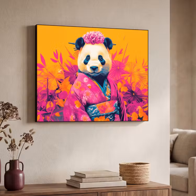 Kimono - Roze - Panda - Bloemenkroon Textielframe zwart klein -sfeer3