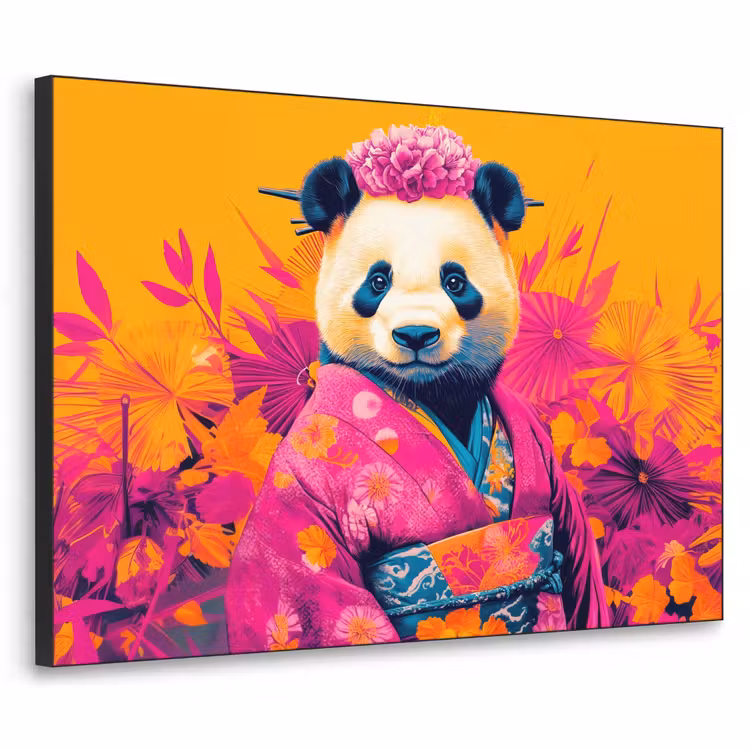 Kimono - Roze - Panda - Bloemenkroon Textielframe zwart klein -3d