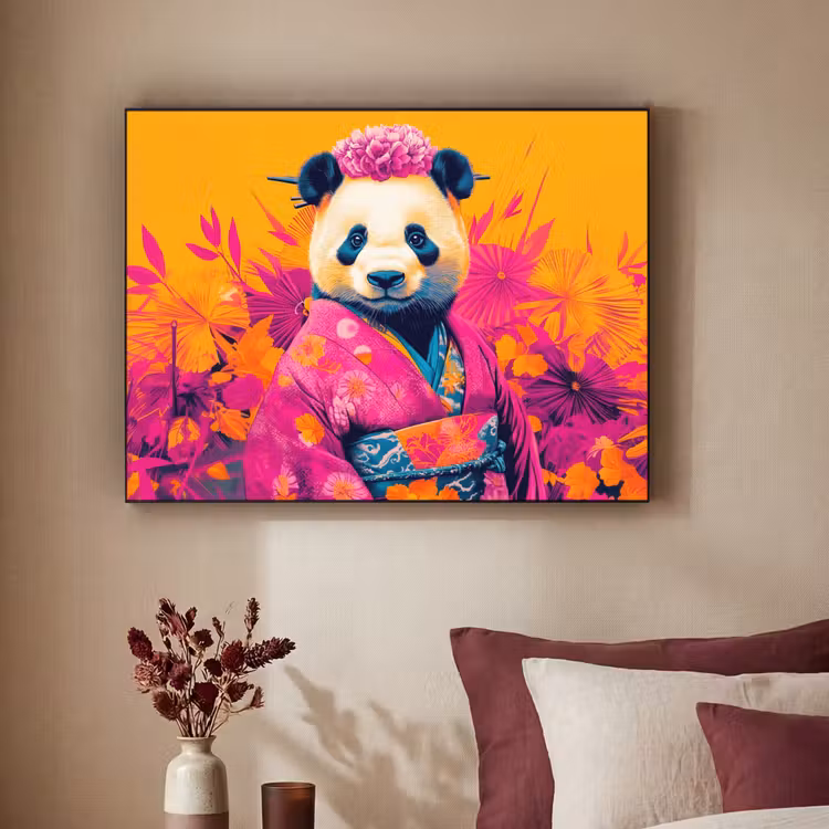 Kimono - Roze - Panda - Bloemenkroon Textielframe zwart klein -sfeer1