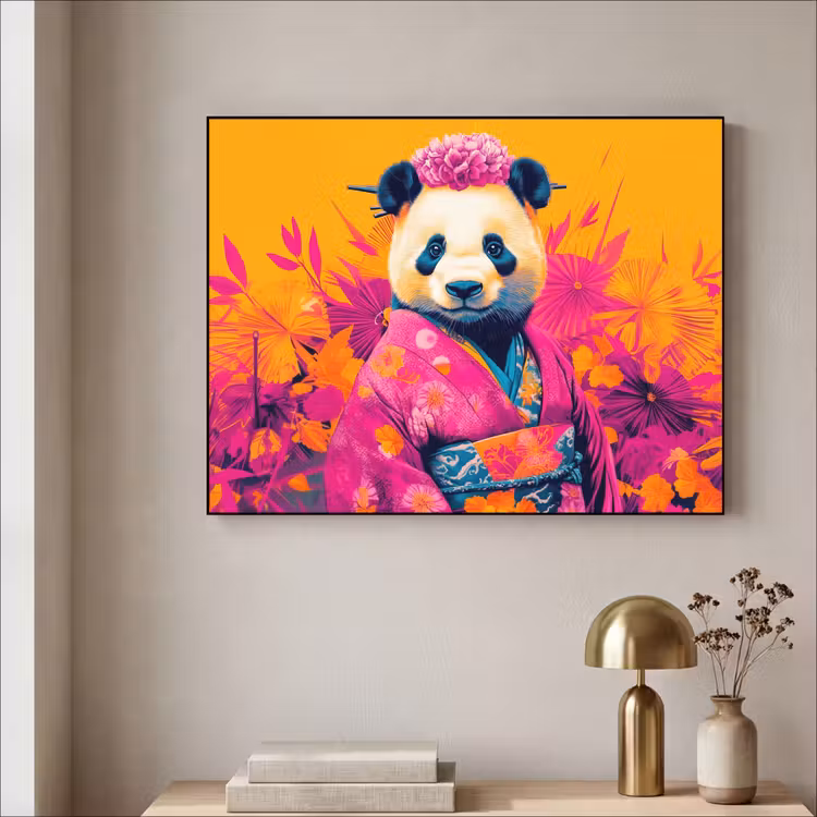 Kimono - Roze - Panda - Bloemenkroon Textielframe zwart klein -sfeer2
