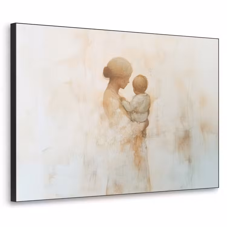 Kind - Moeder - Waterverfschilderij Textielframe zwart klein -3d