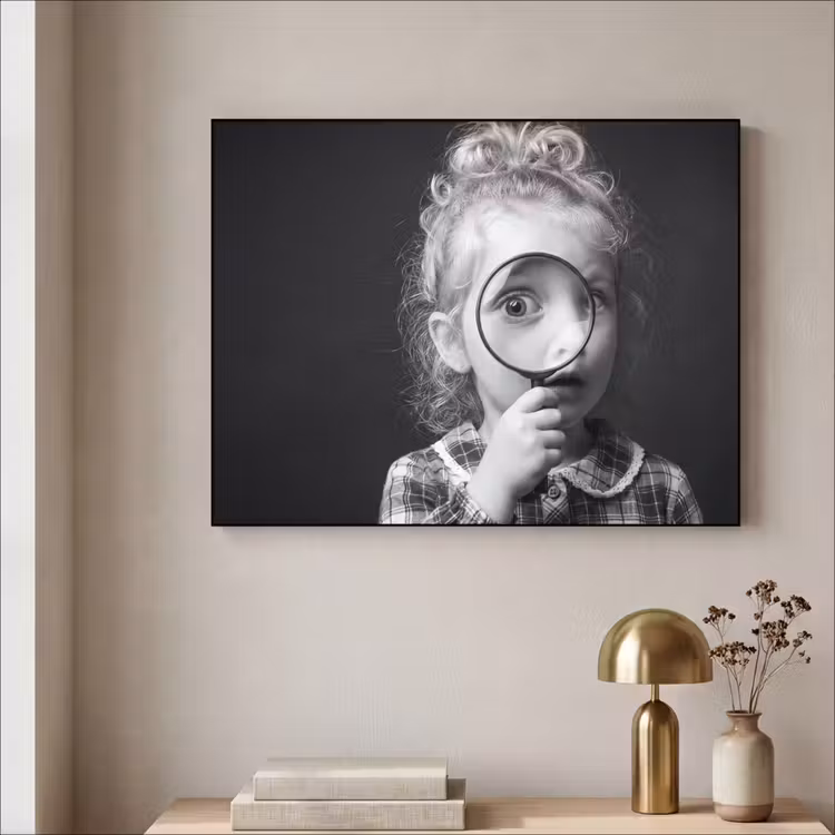 Kind - Vergrootglas - Portret - Zwart-wit Textielframe zwart klein -sfeer2