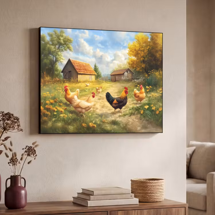Kippen - Landelijke rust - Natuur Textielframe - compleet frame klein -sfeer3