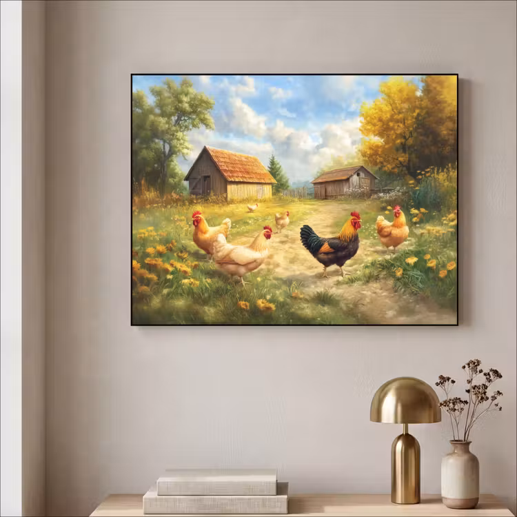 Kippen - Landelijke rust - Natuur Textielframe - compleet frame klein -sfeer2