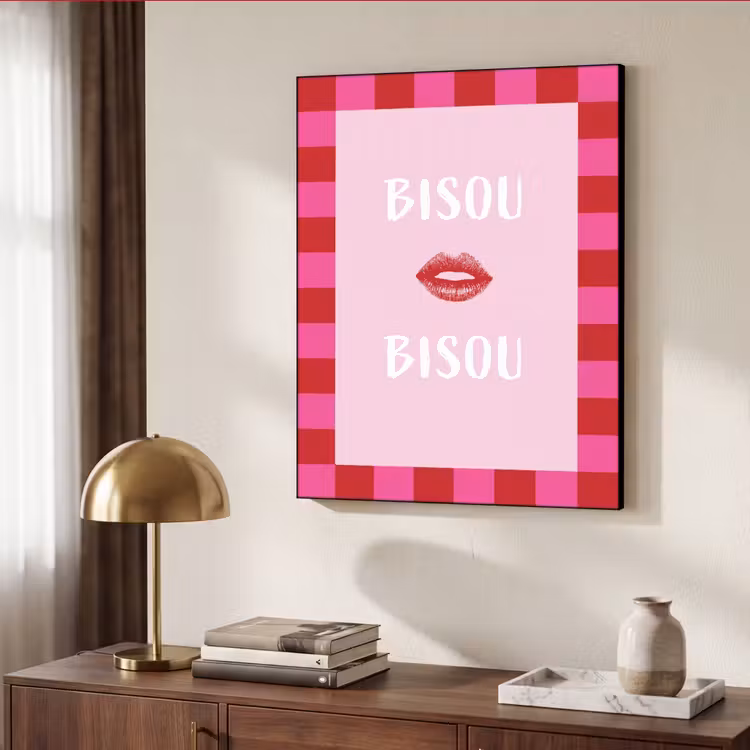 Kiss - Roze - Frans - Valentijn Textielframe - compleet frame klein -sfeer3