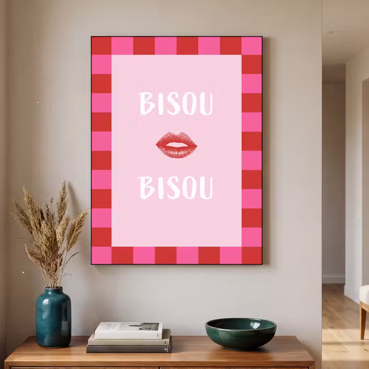 Kiss - Roze - Frans - Valentijn Textielframe zwart klein -sfeer1